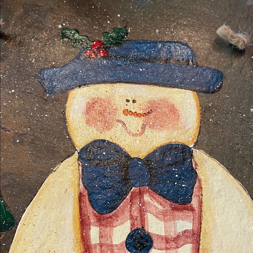 Original artwork on recycled slate-painted snowman-pine tree-signed-twine hanger